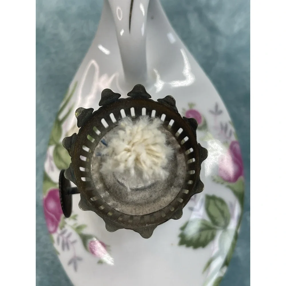 Vintage Mini Oil Lamp Porcelain Floral Finger Lamp Glass Chimney 6